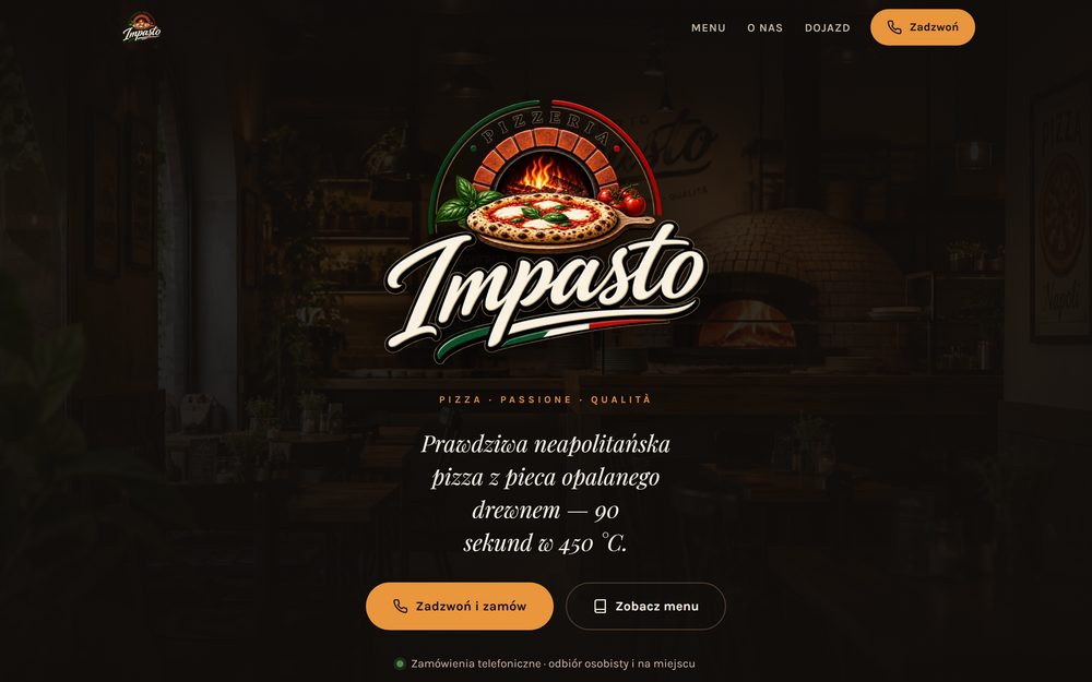 Sekcja główna strony Pizzeria Impasto — logo na tle wnętrza lokalu z piecem opalanym drewnem
