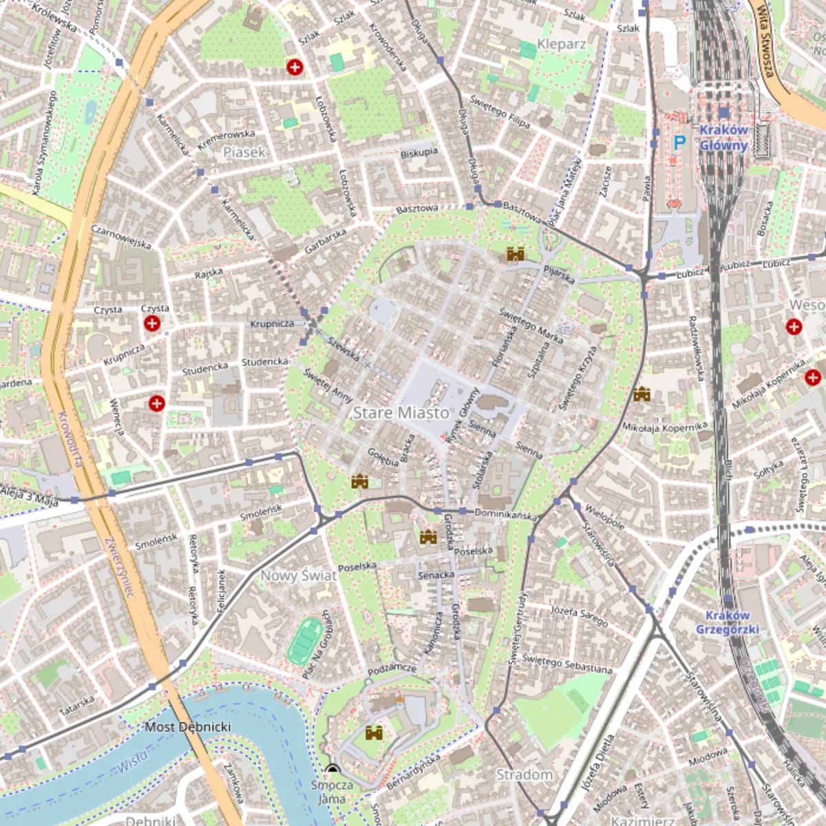Mapa Starego Miasta w Krakowie z zaznaczoną lokalizacją Pizzerii Impasto