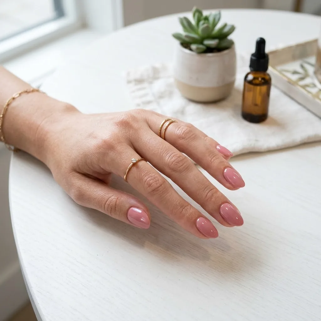 Dłoń z manicure hybrydowym w kolorze pudrowego różu